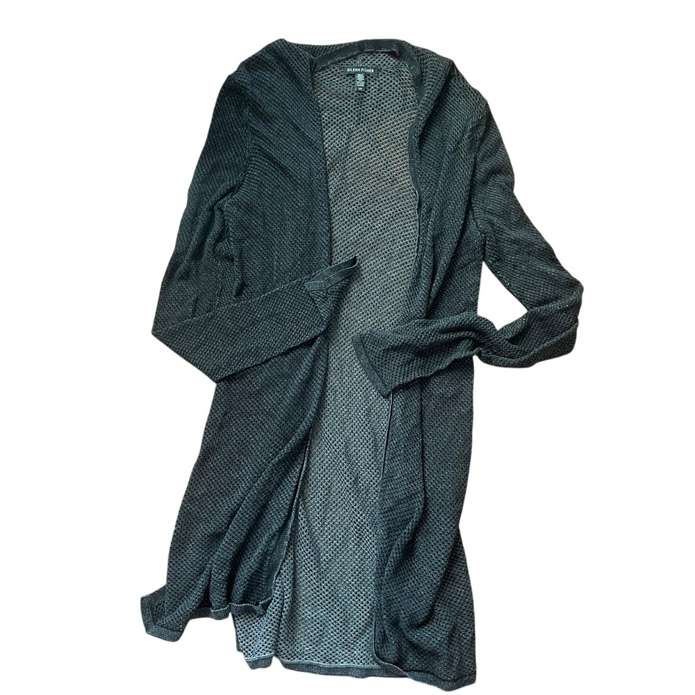 Eileen Fisher Tencel Open Knit Duster Charcoal Small Lagenlook Quiet Luxury